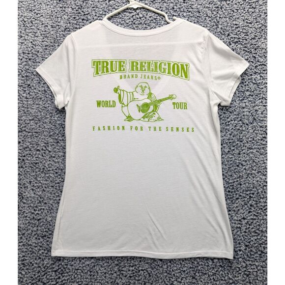 True Religion V Neck T Shirt Size LG Slim Fit Y2K Graphic Print Preppy White - Picture 1 of 11